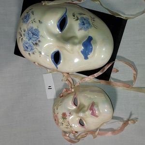 Vintage Hand Painted Carnival Face Masks Set of Two Blue and Pink Flowers